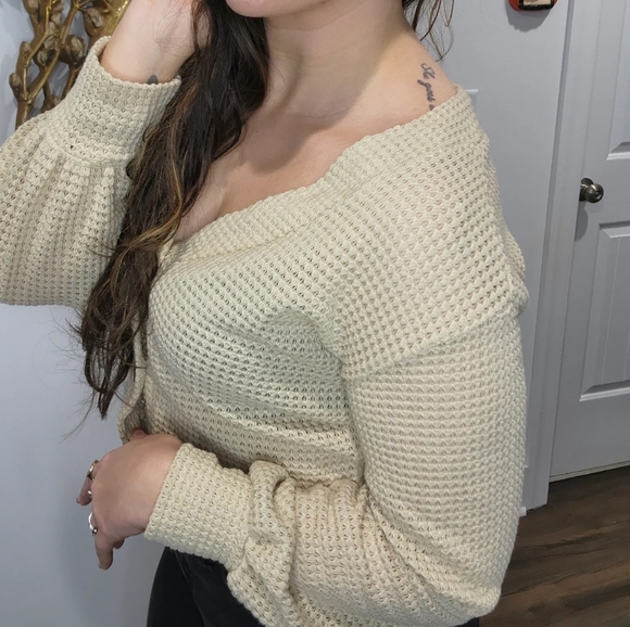 Vintage Waffle Knit Cropped Button Front Blouse Womens M/L** Beige Long Sleeve - Picture 10 of 10